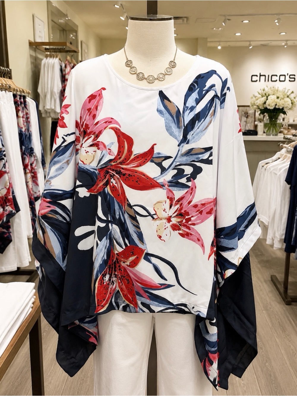 Chico's White Floral Poncho with Red and Navy Blooms